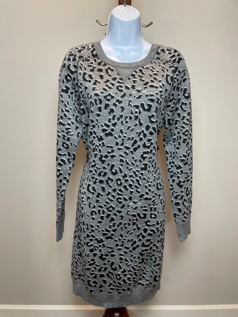 Loft Gray Animal Print Long Sleeve Sweater Dress Size M